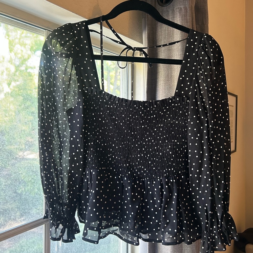 Reformation Black Polka Dot Top with Sheer Sleeves